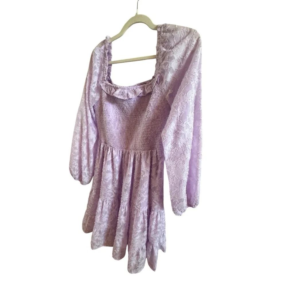 She +Sky Lavender Mini Dress Sz Small Smocked Waist Puff Sleeves *rip on ruffle